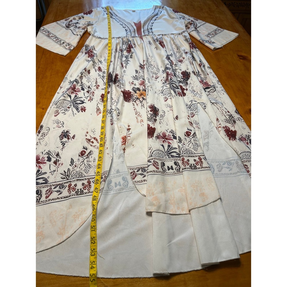 Boho Floral Hi Low Maxi Dress XXL Cream Burgundy Bell Sleeve V-Neck Empire Waist - Picture 8 of 12